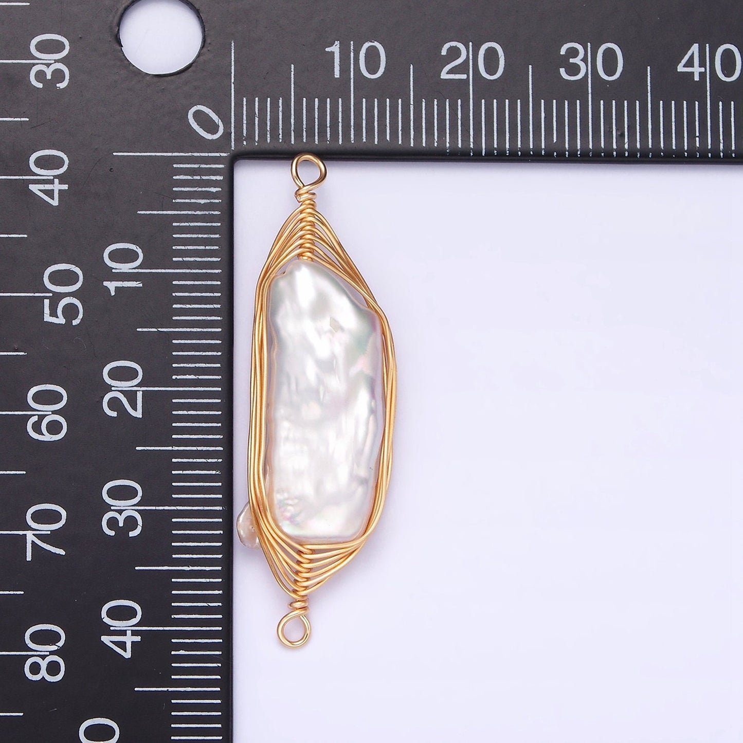 24K Gold Filled 41.5mm White Baroque Freshwater Pearl Wire Wrapped Connector | G662