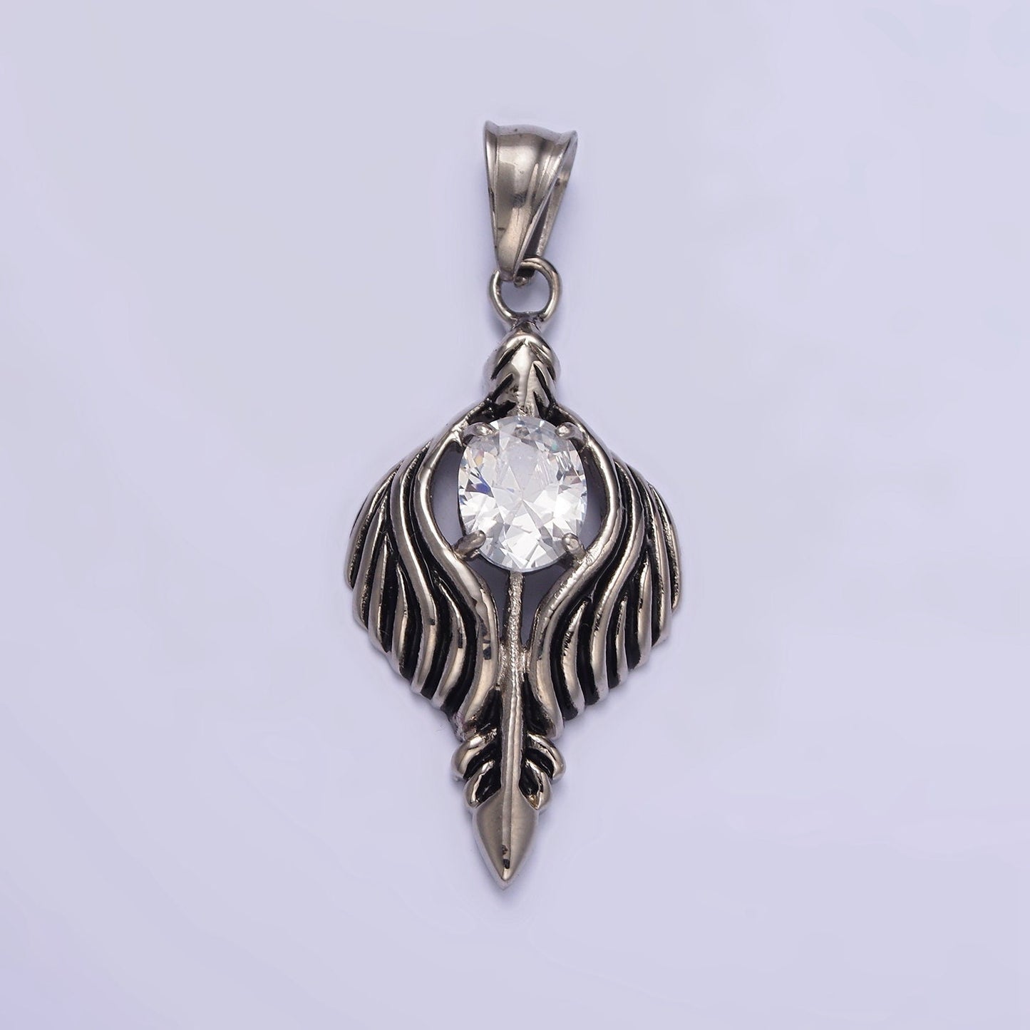 Stainless Steel 50mm Clear CZ Oval Line-Textured Wrapped Arrow Pendant in Silver & Black | P808