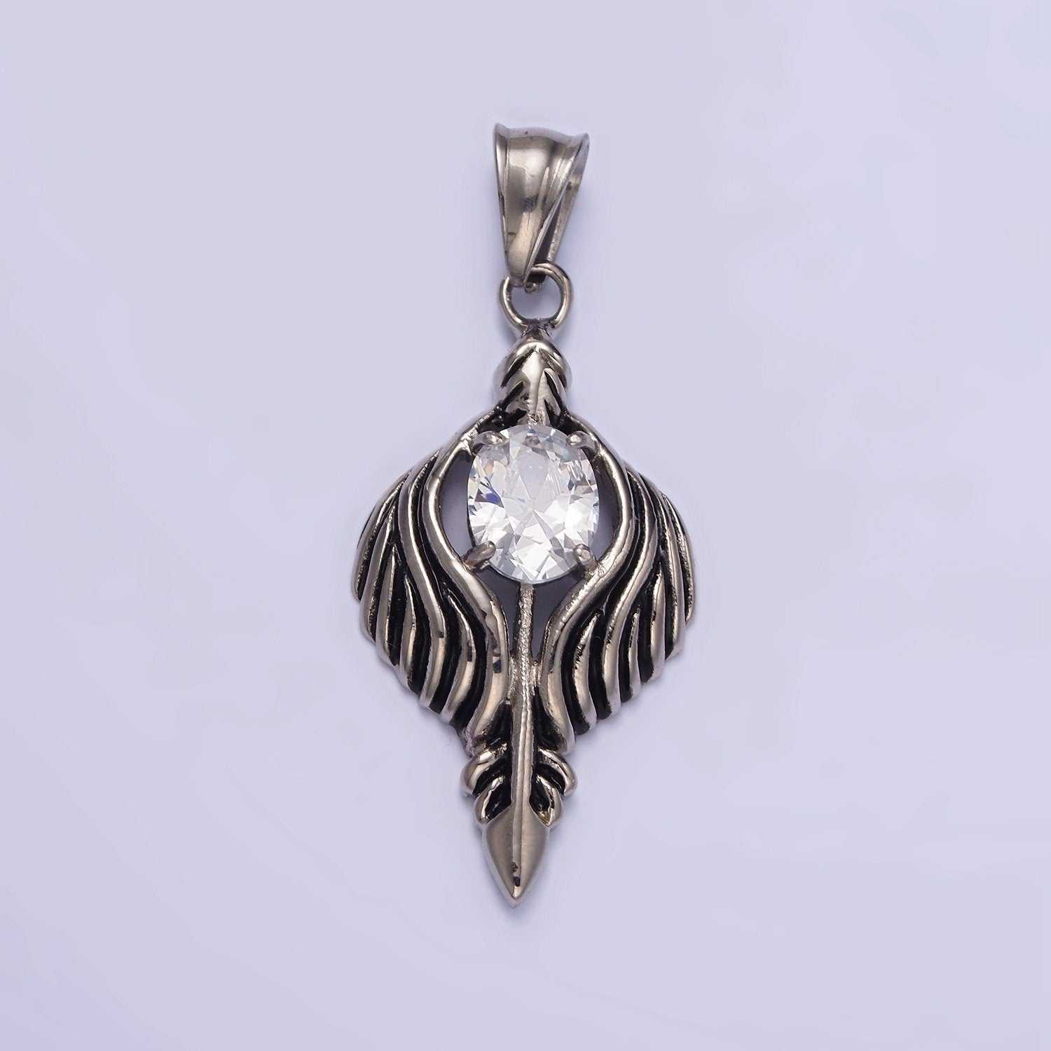 Stainless Steel 50mm Clear CZ Oval Line-Textured Wrapped Arrow Pendant in Silver & Black | P808