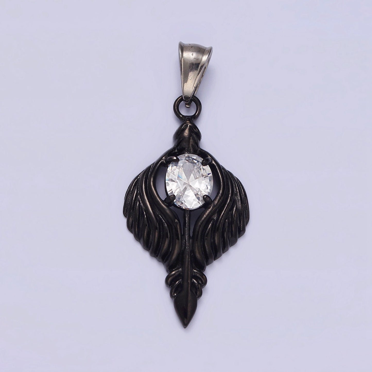 Stainless Steel 50mm Clear CZ Oval Line-Textured Wrapped Arrow Pendant in Silver & Black | P808