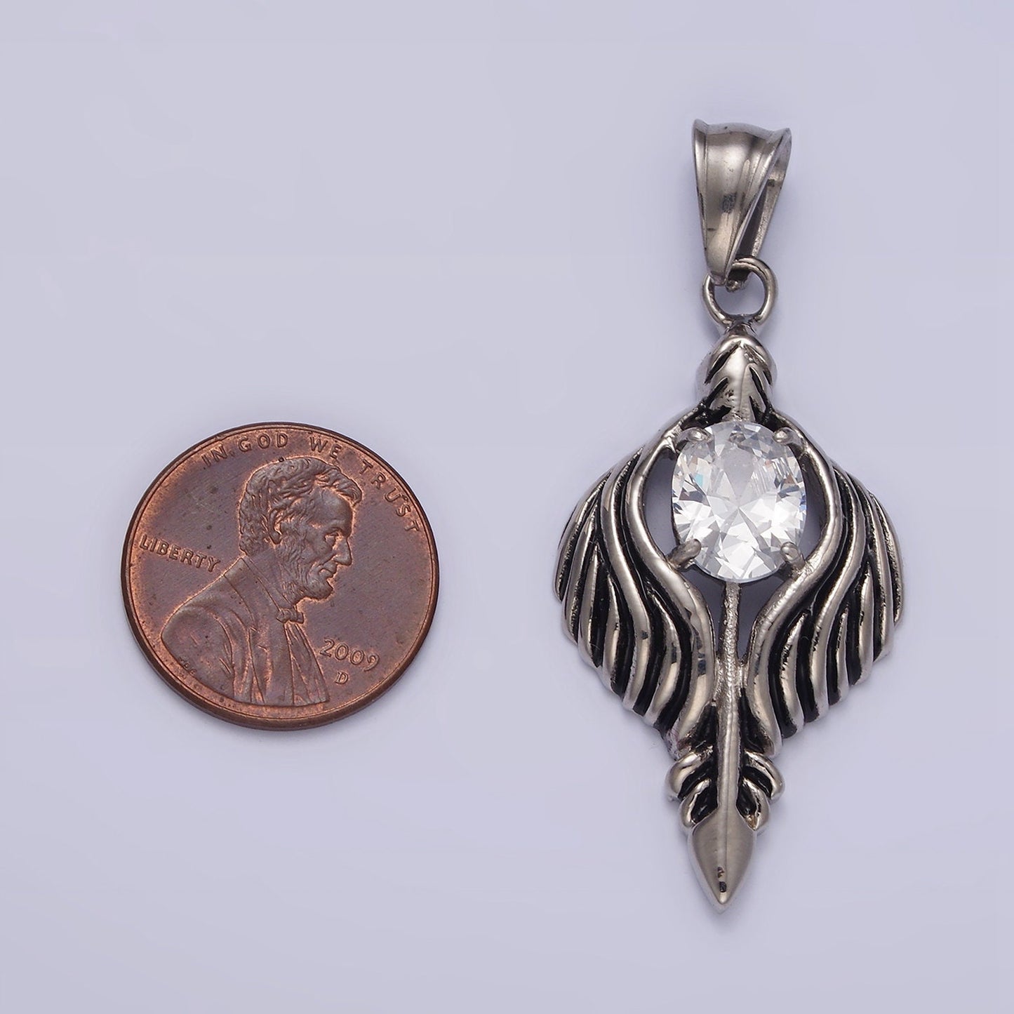 Stainless Steel 50mm Clear CZ Oval Line-Textured Wrapped Arrow Pendant in Silver & Black | P808