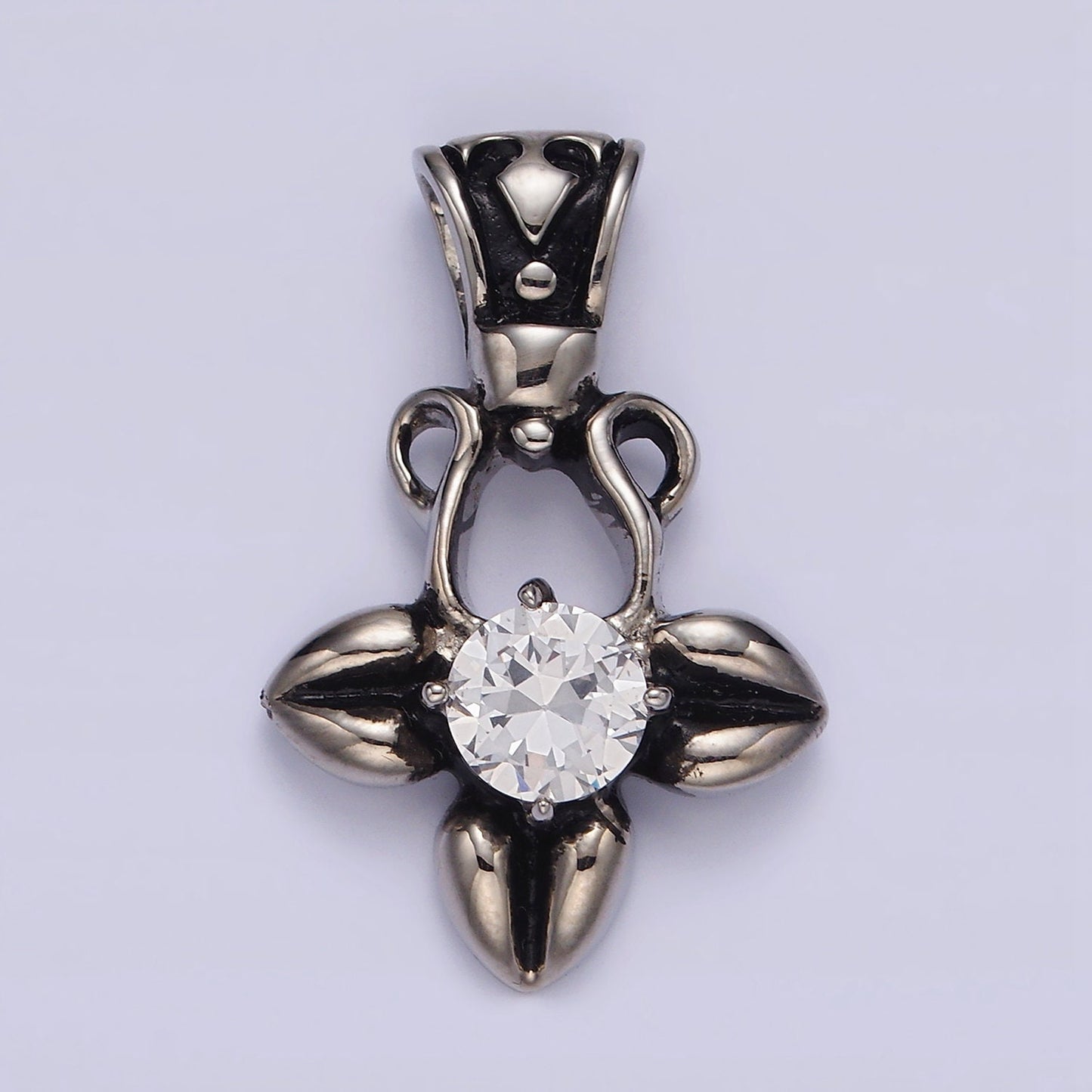 Stainless Steel Clear CZ Round Geometric Flower Petal Open Passion Cross Bail Pendant | P810