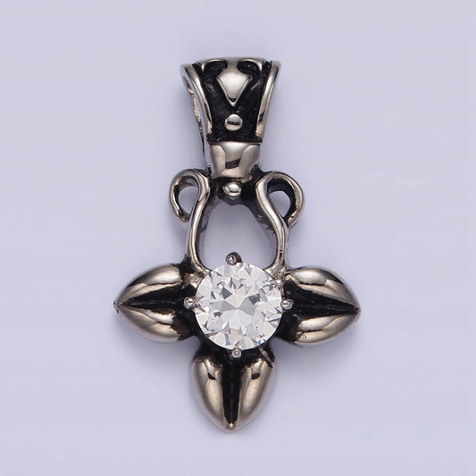 Stainless Steel Clear CZ Round Geometric Flower Petal Open Passion Cross Bail Pendant | P810