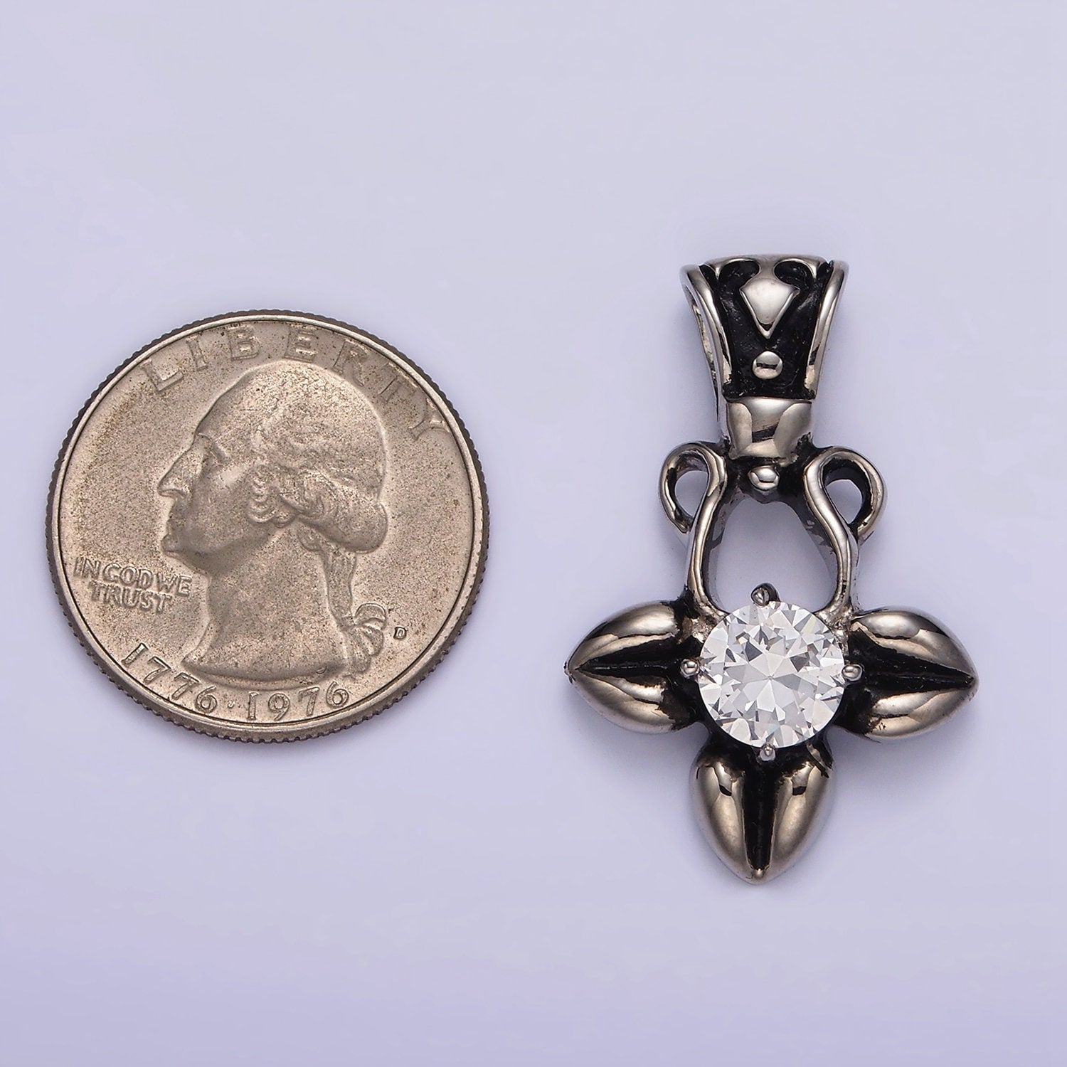 Stainless Steel Clear CZ Round Geometric Flower Petal Open Passion Cross Bail Pendant | P810