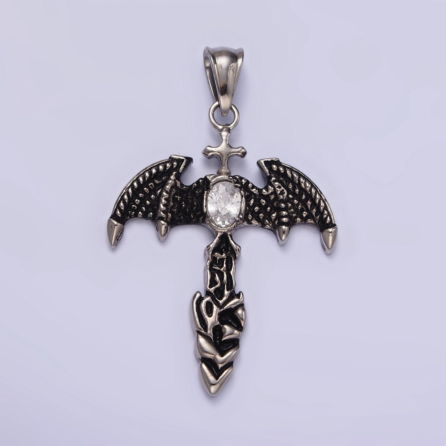 Stainless Steel 55mm Clear Oval CZ Bat Wings Passion Cross Religious Pendant in Silver & Black | P815