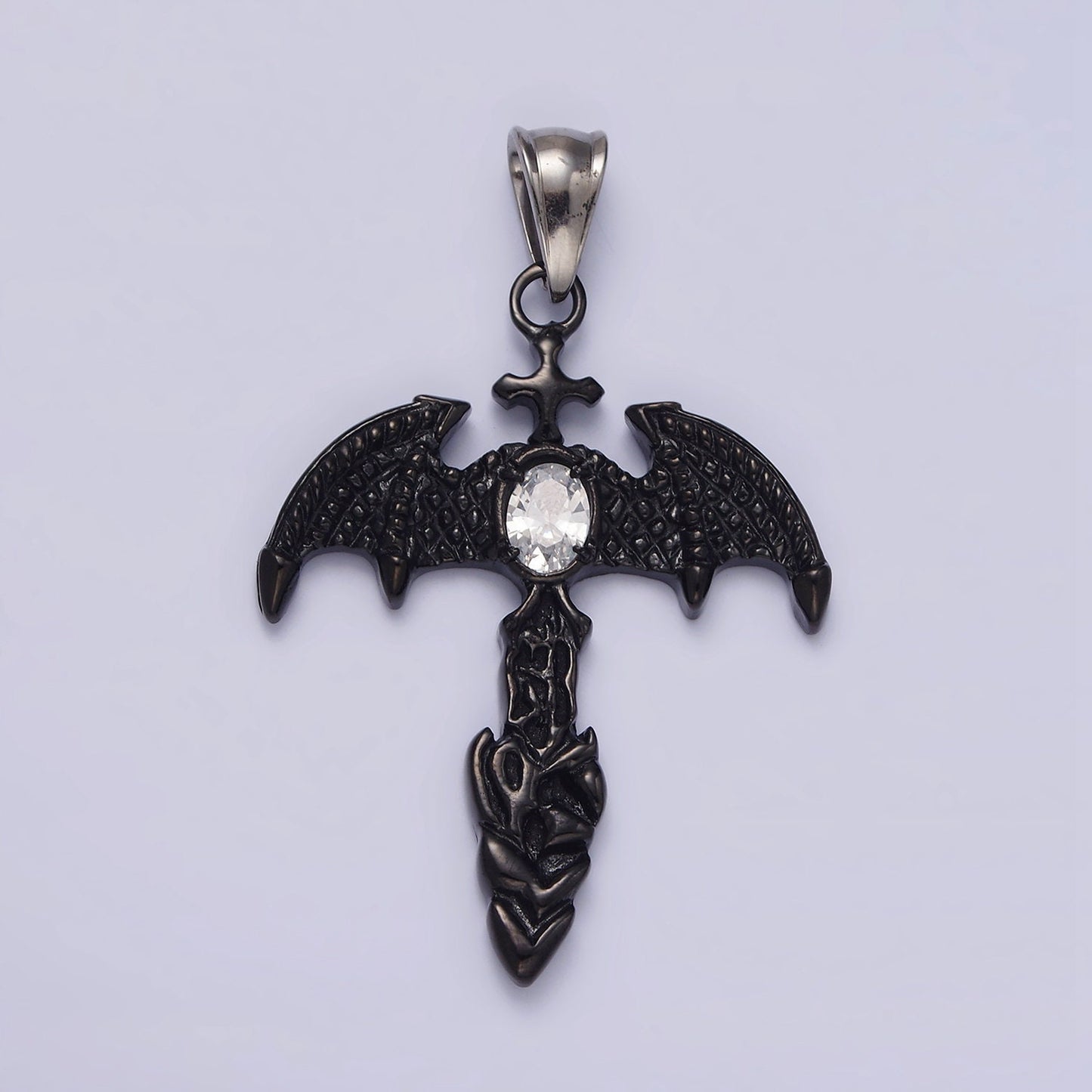 Stainless Steel 55mm Clear Oval CZ Bat Wings Passion Cross Religious Pendant in Silver & Black | P815
