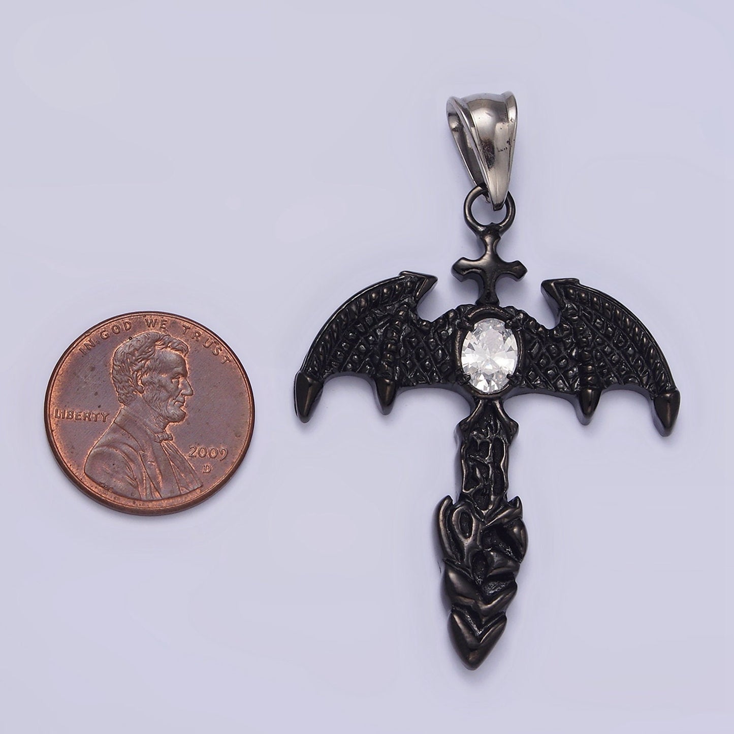 Stainless Steel 55mm Clear Oval CZ Bat Wings Passion Cross Religious Pendant in Silver & Black | P815