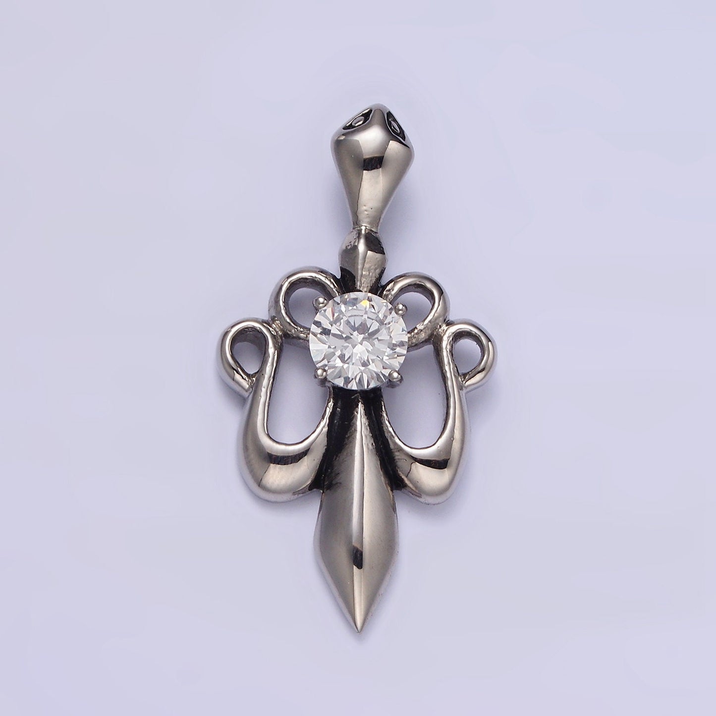 Stainless Steel 42mm Clear CZ French Fleur De Lis Ribbon Pendant | P811