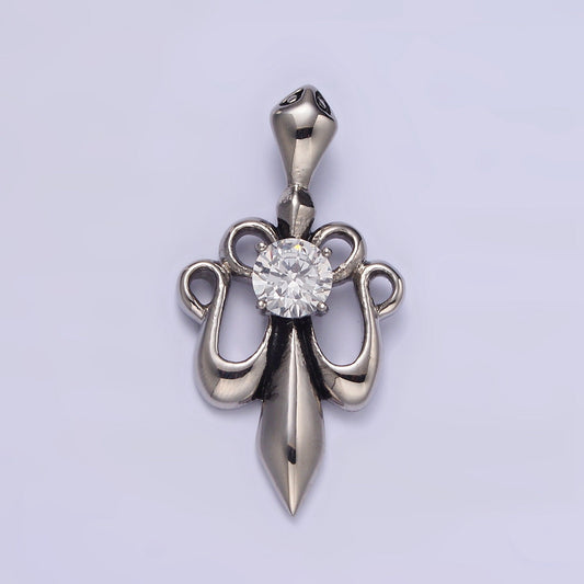 Stainless Steel 42mm Clear CZ French Fleur De Lis Ribbon Pendant | P811