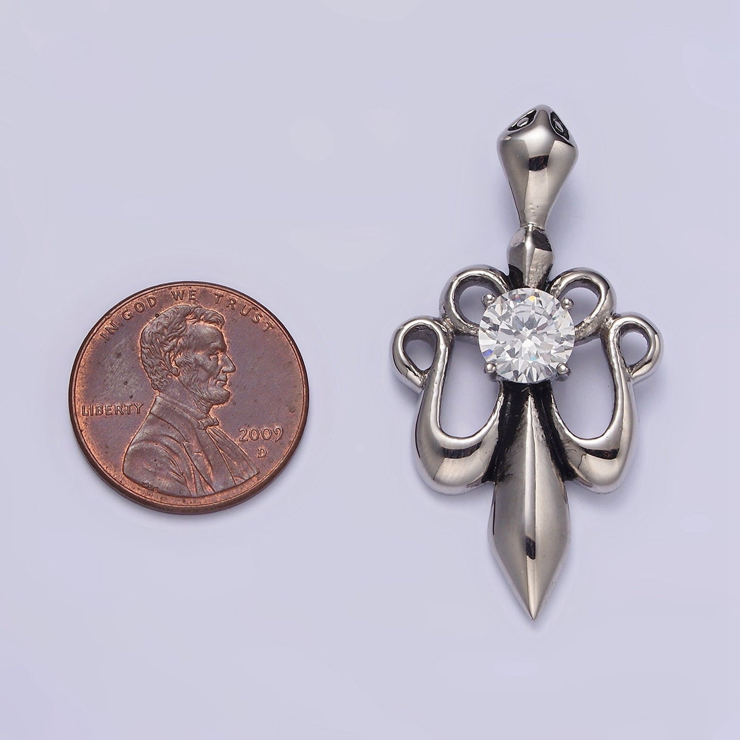 Stainless Steel 42mm Clear CZ French Fleur De Lis Ribbon Pendant | P811