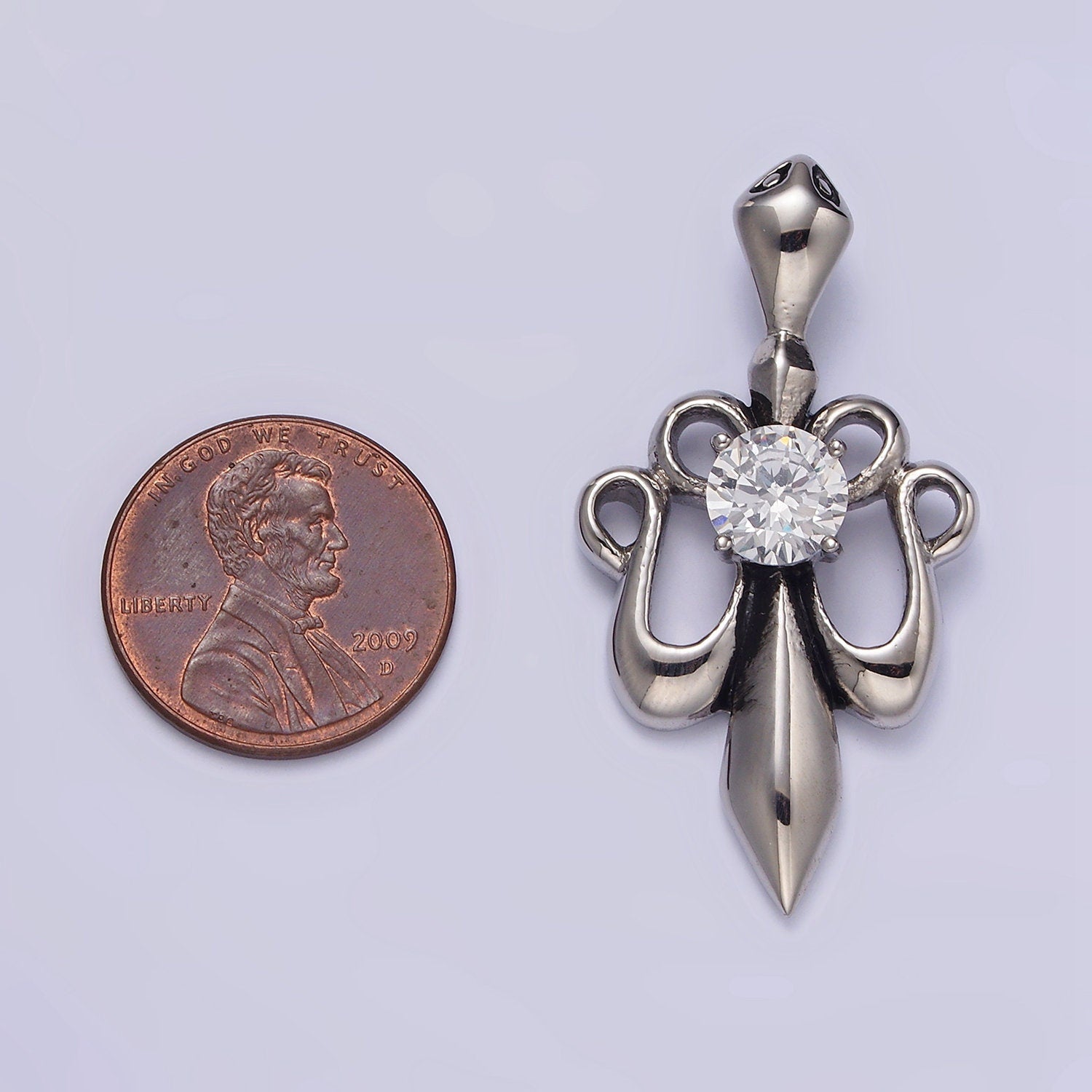 Stainless Steel 42mm Clear CZ French Fleur De Lis Ribbon Pendant | P811