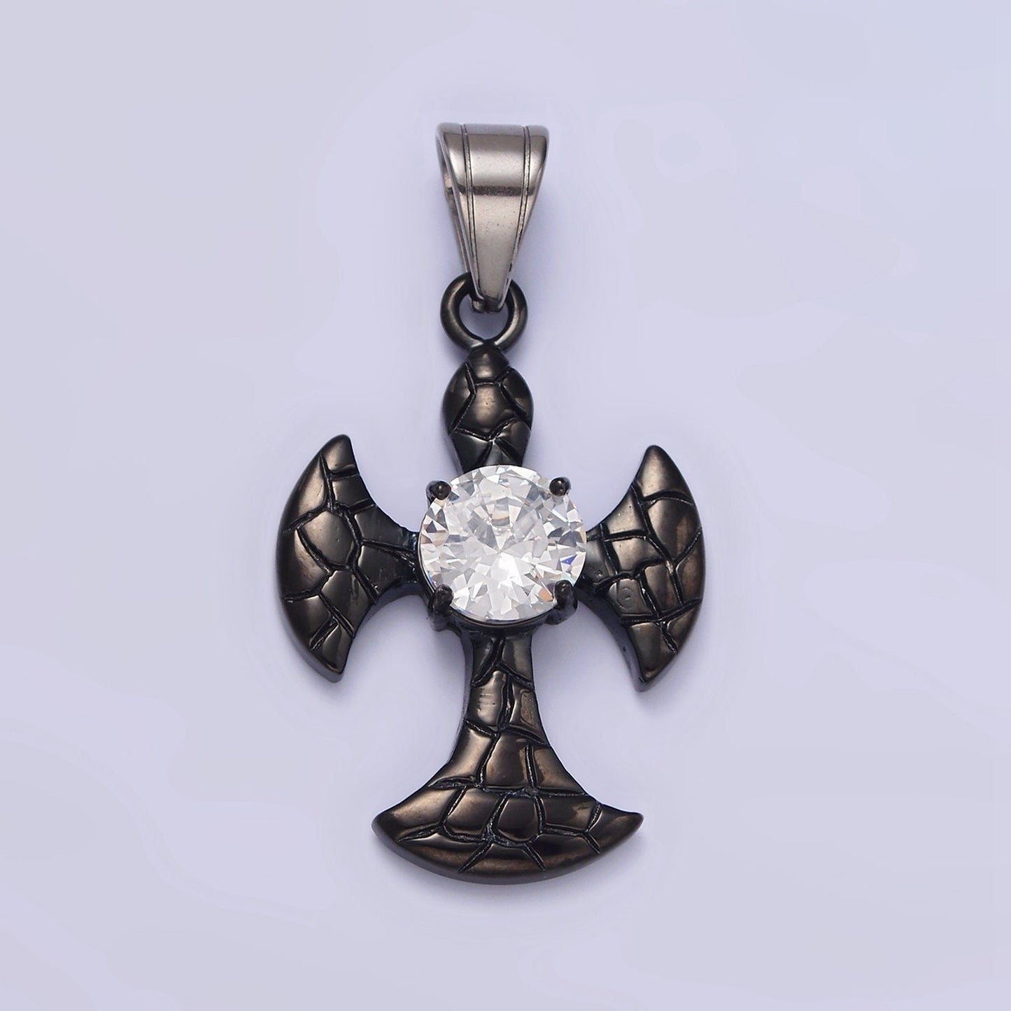 Stainless Steel Clear CZ Round Scaled Religious Pattee Cross Black Pendant | P807