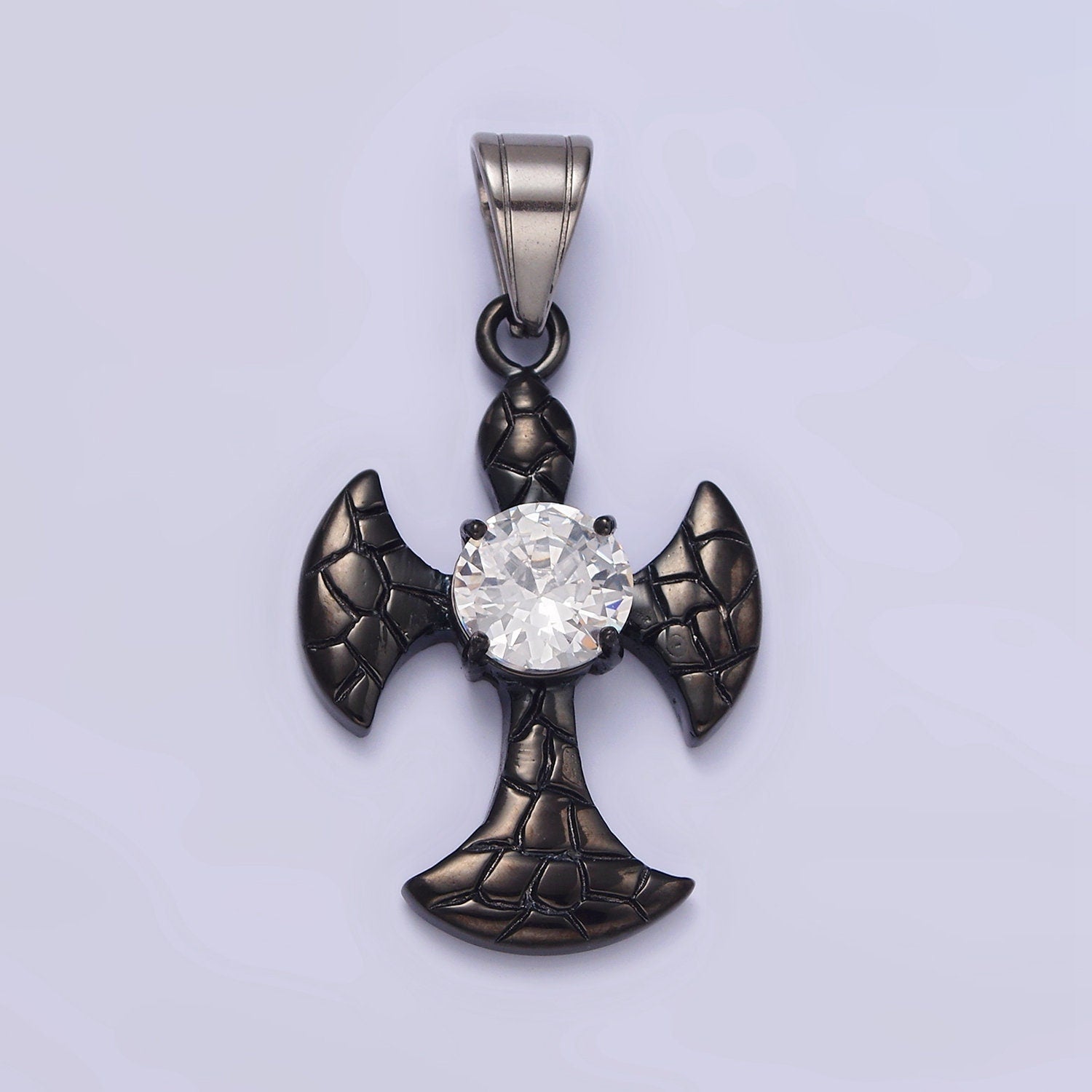 Stainless Steel Clear CZ Round Scaled Religious Pattee Cross Black Pendant | P807