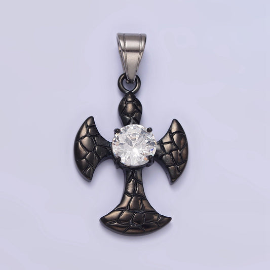 Stainless Steel Clear CZ Round Scaled Religious Pattee Cross Black Pendant | P807