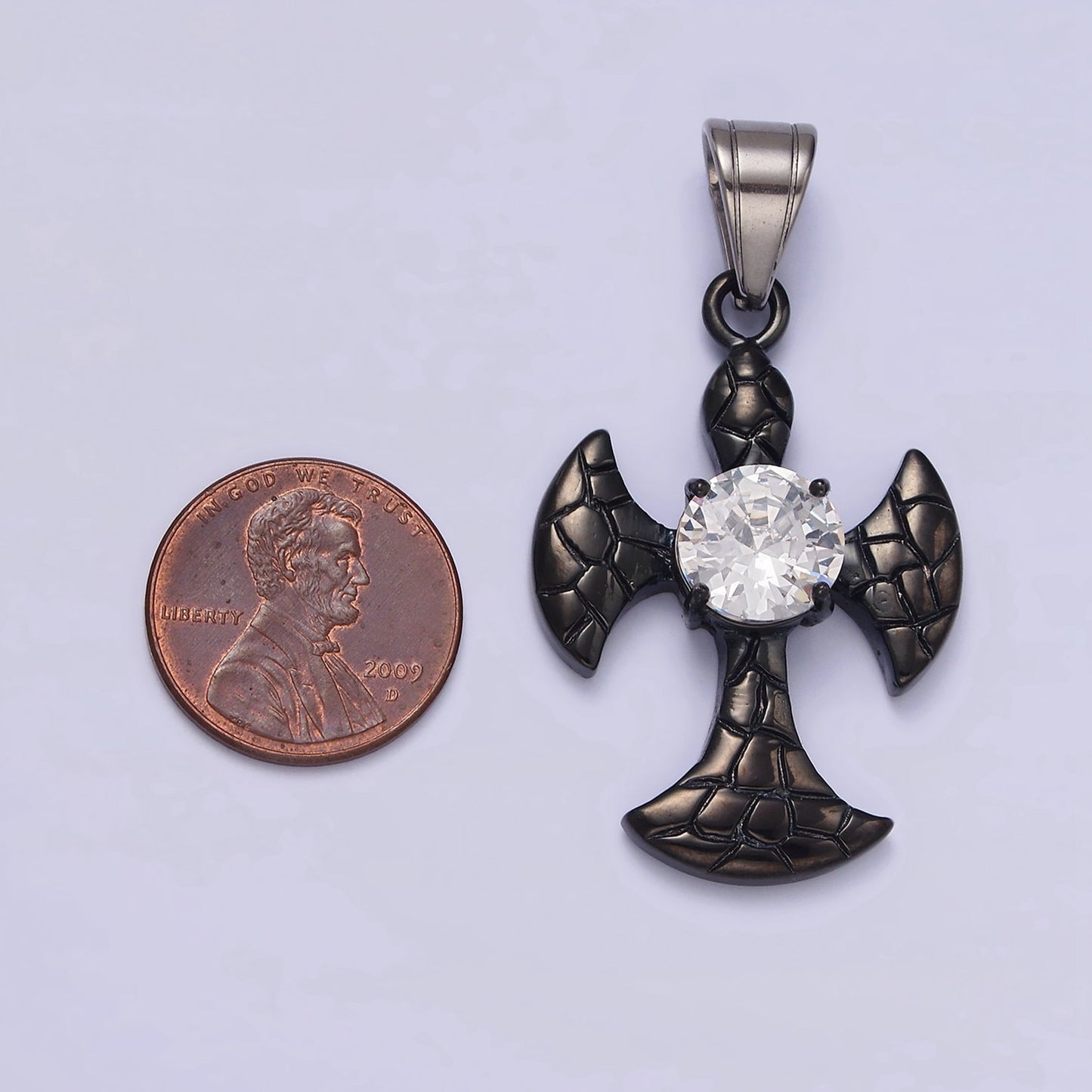 Stainless Steel Clear CZ Round Scaled Religious Pattee Cross Black Pendant | P807