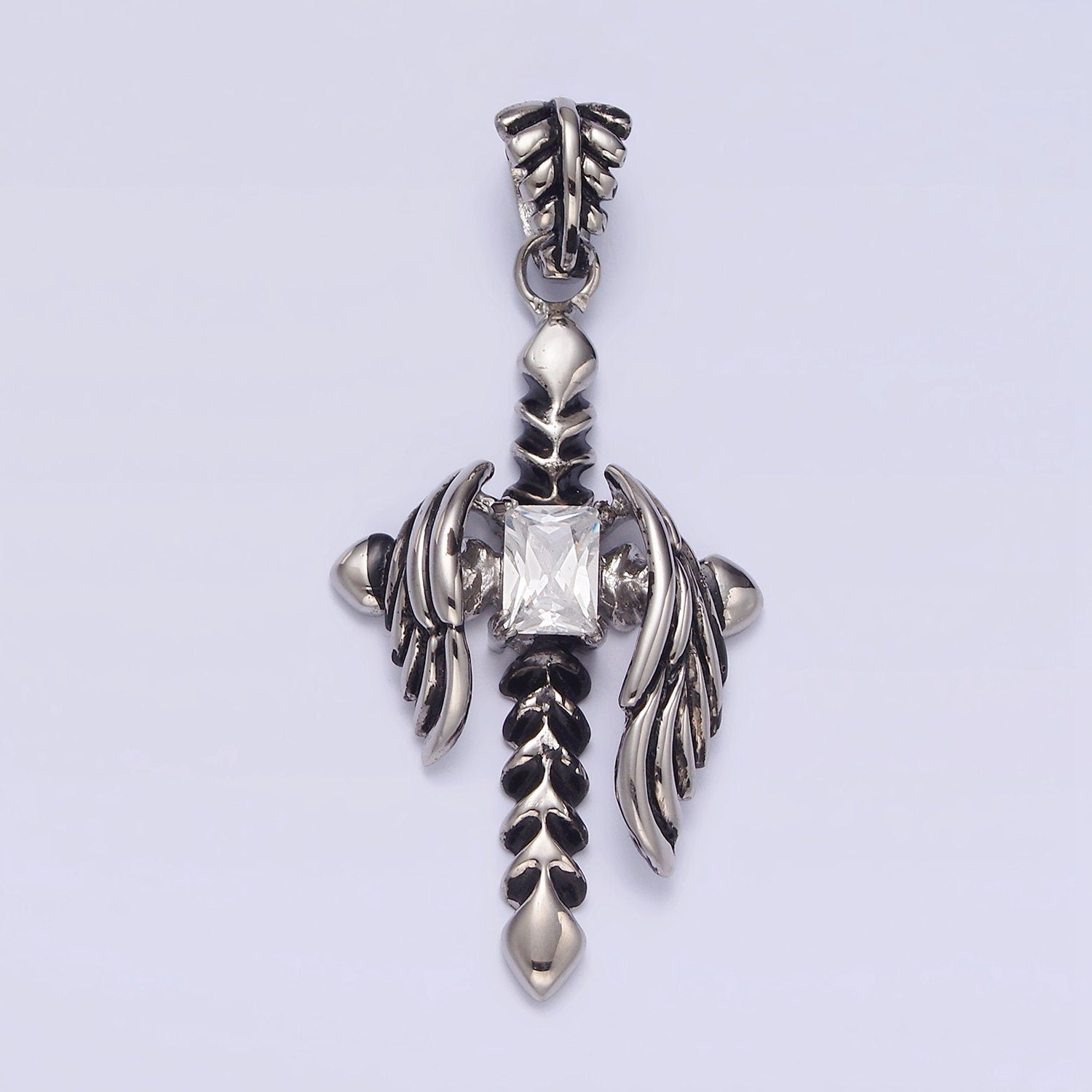 Stainless Steel Clear CZ Baguette Arrow Passion Cross Feather Wings Pendant | P812