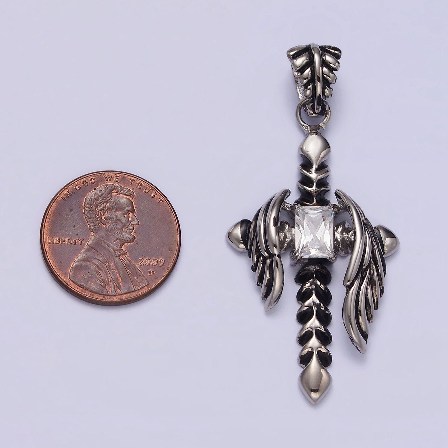 Stainless Steel Clear CZ Baguette Arrow Passion Cross Feather Wings Pendant | P812