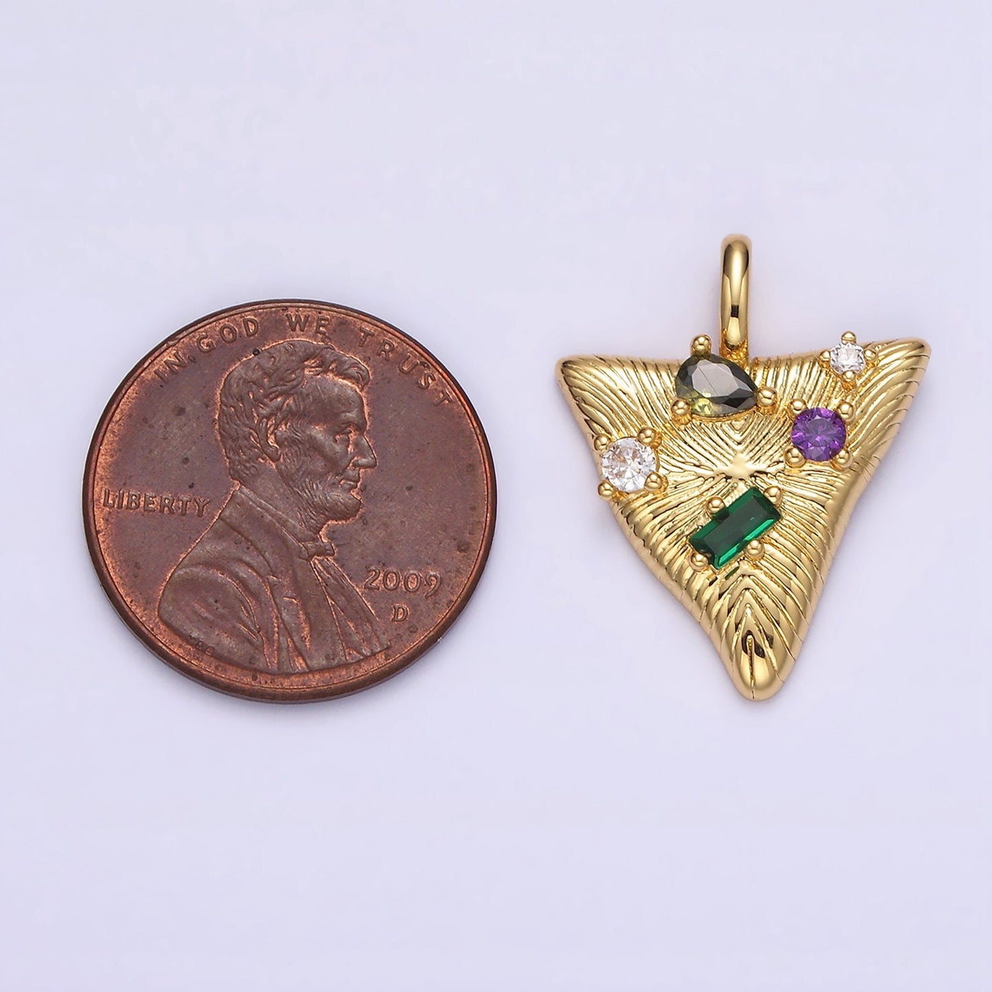 14K Gold Filled 21.5mm Multicolor CZ Line-Textured Abstract Triangle Pendant in Gold & Silver | AA737 AA738
