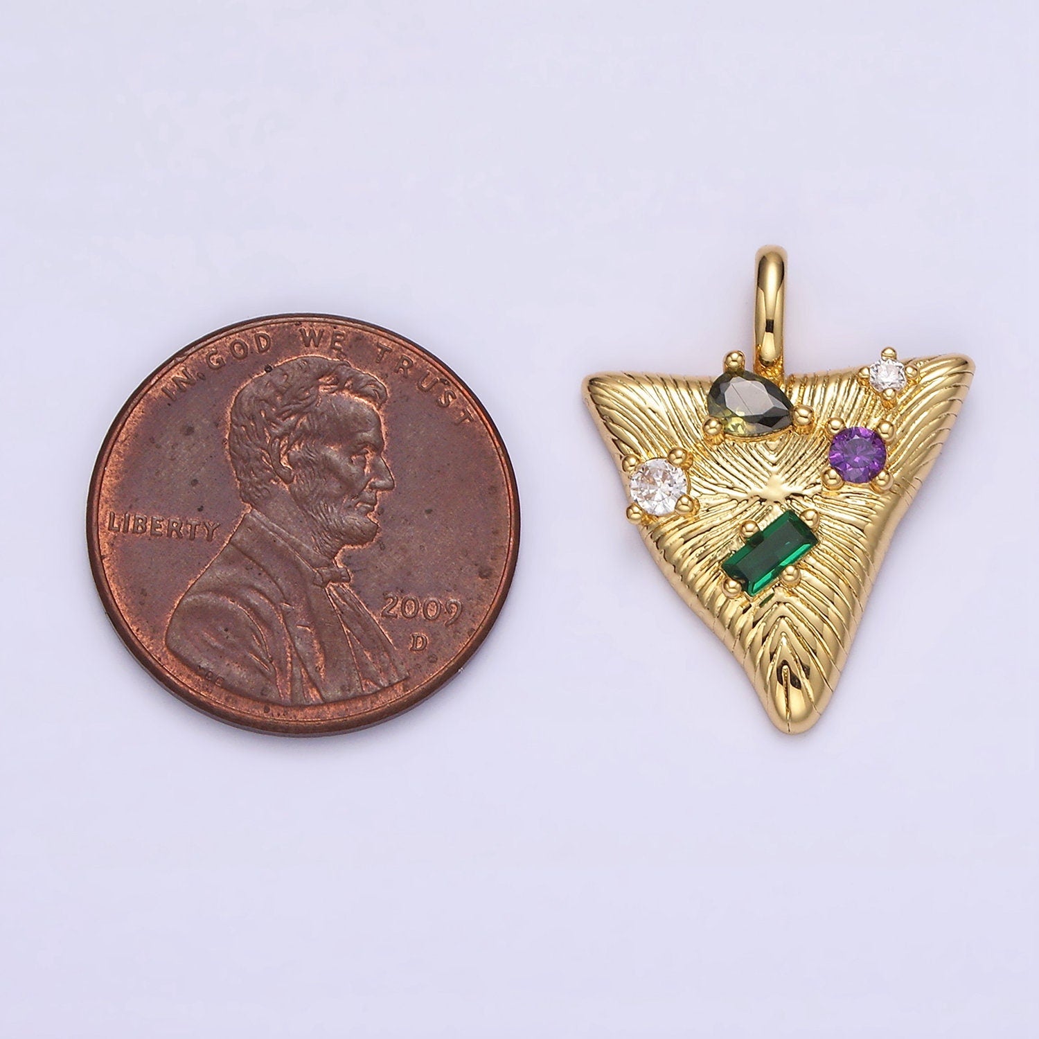 14K Gold Filled 21.5mm Multicolor CZ Line-Textured Abstract Triangle Pendant in Gold & Silver | AA737 AA738