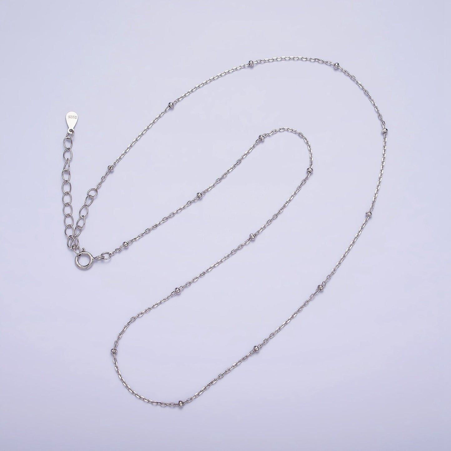 Ready to Use Satellite Ball Beaded Necklace Chain, Layer Dainty s925 Sterling Silver Necklace 15.35 inch + 2 inch extender WA-1971