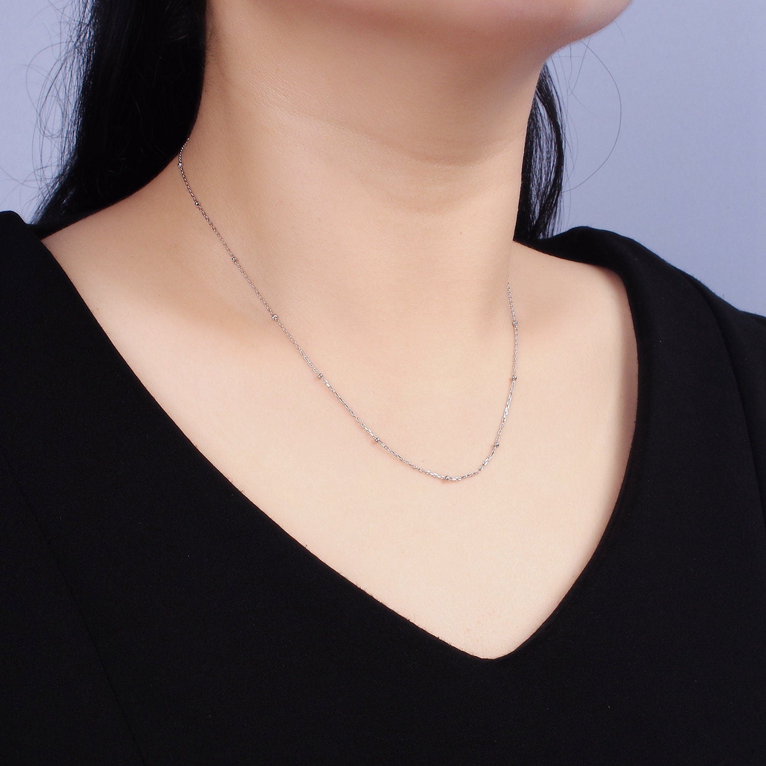 Ready to Use Satellite Ball Beaded Necklace Chain, Layer Dainty s925 Sterling Silver Necklace 15.35 inch + 2 inch extender WA-1971