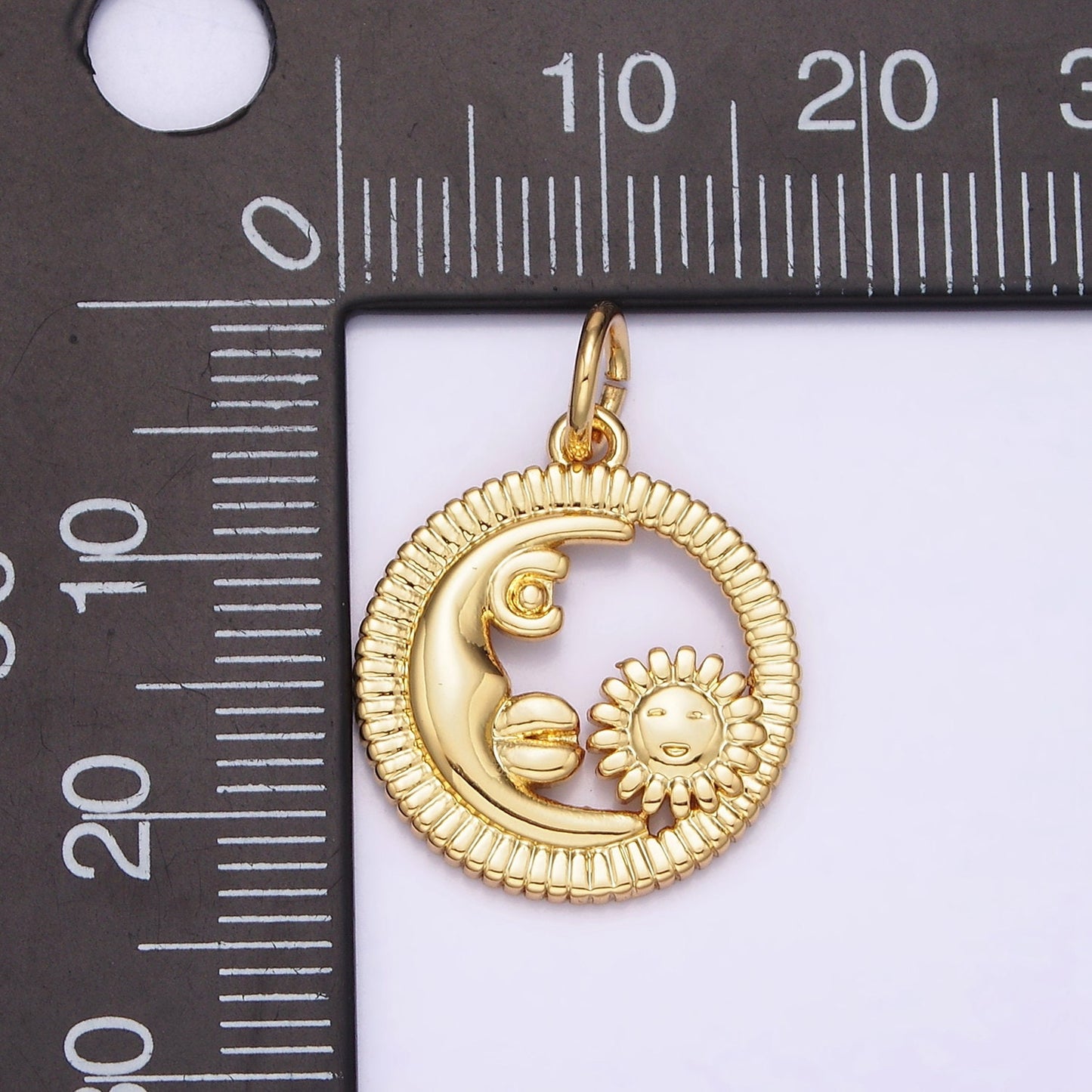 16K Gold Filled Celestial Crescent Moon Sunflower Face Open Round Line-Textured Charm | N980