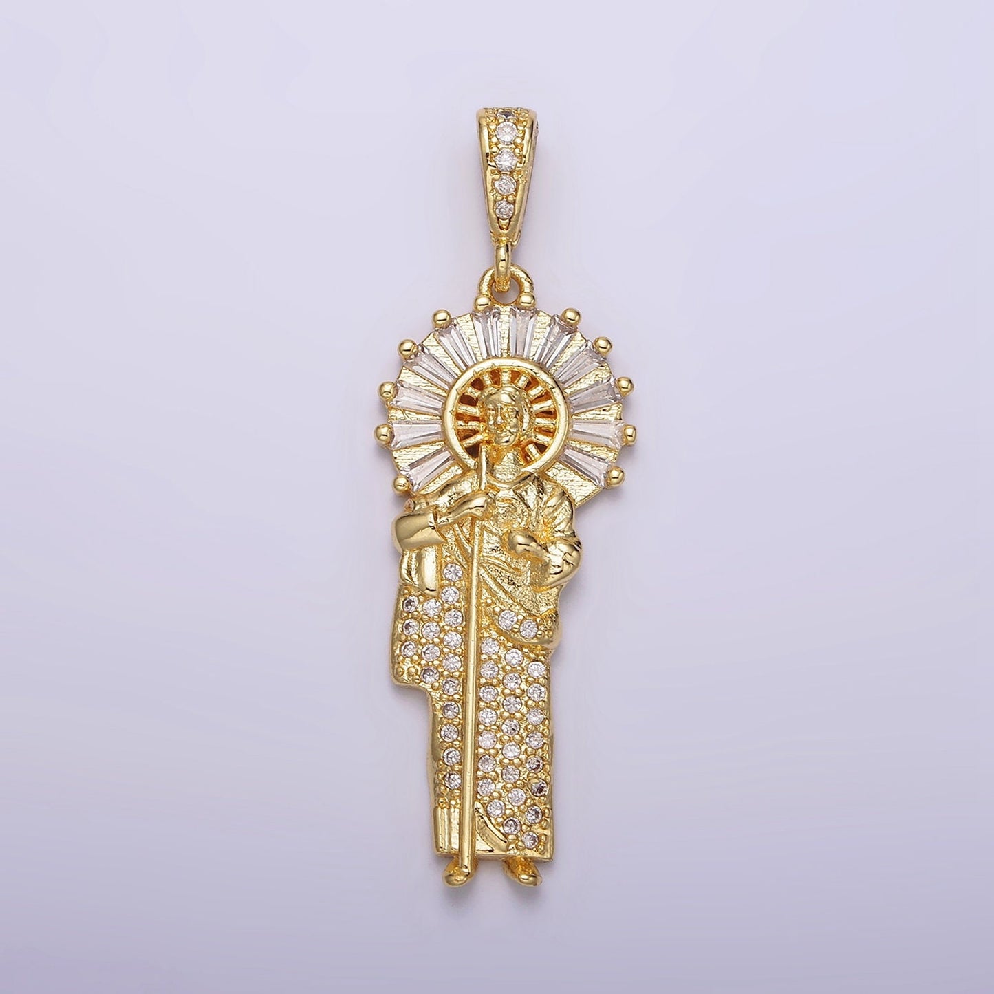 14K Gold Filled Saint Jude Charm Catholic Saint Jewelry Clear Baguette Micro Paved CZ Bail Pendant | AA609