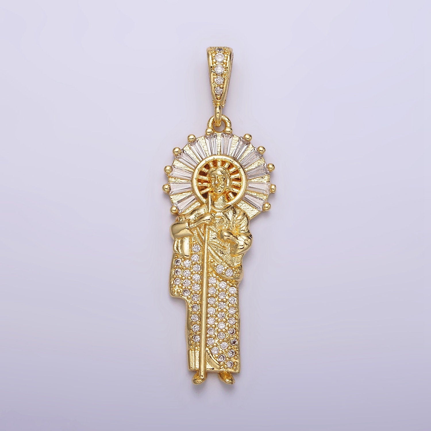 14K Gold Filled Saint Jude Charm Catholic Saint Jewelry Clear Baguette Micro Paved CZ Bail Pendant | AA609