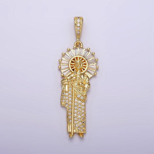14K Gold Filled Saint Jude Charm Catholic Saint Jewelry Clear Baguette Micro Paved CZ Bail Pendant | AA609