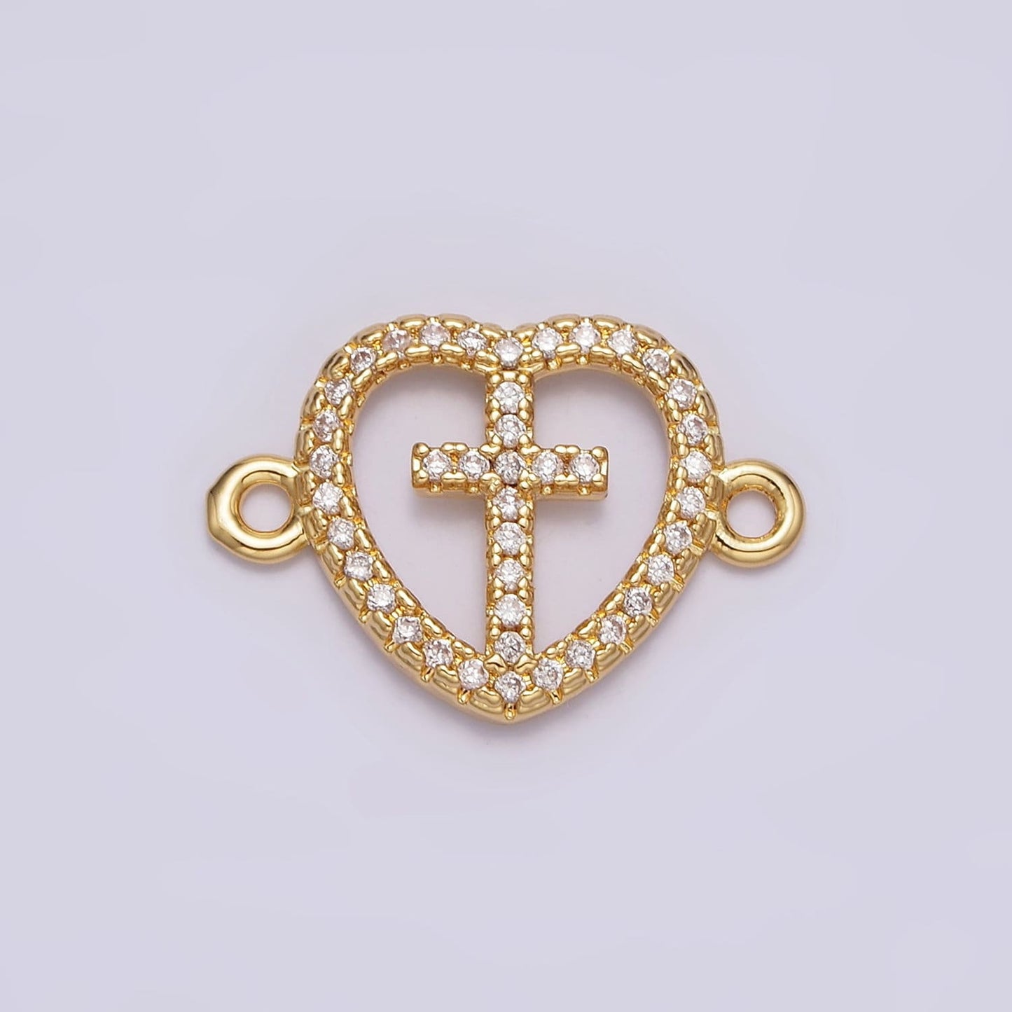 14K Gold Filled Cross Charm Connector Dainty Clear Micro Paved CZ Heart Link Connector for Bracelet Supply | G650