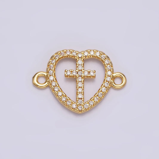 14K Gold Filled Cross Charm Connector Dainty Clear Micro Paved CZ Heart Link Connector for Bracelet Supply | G650