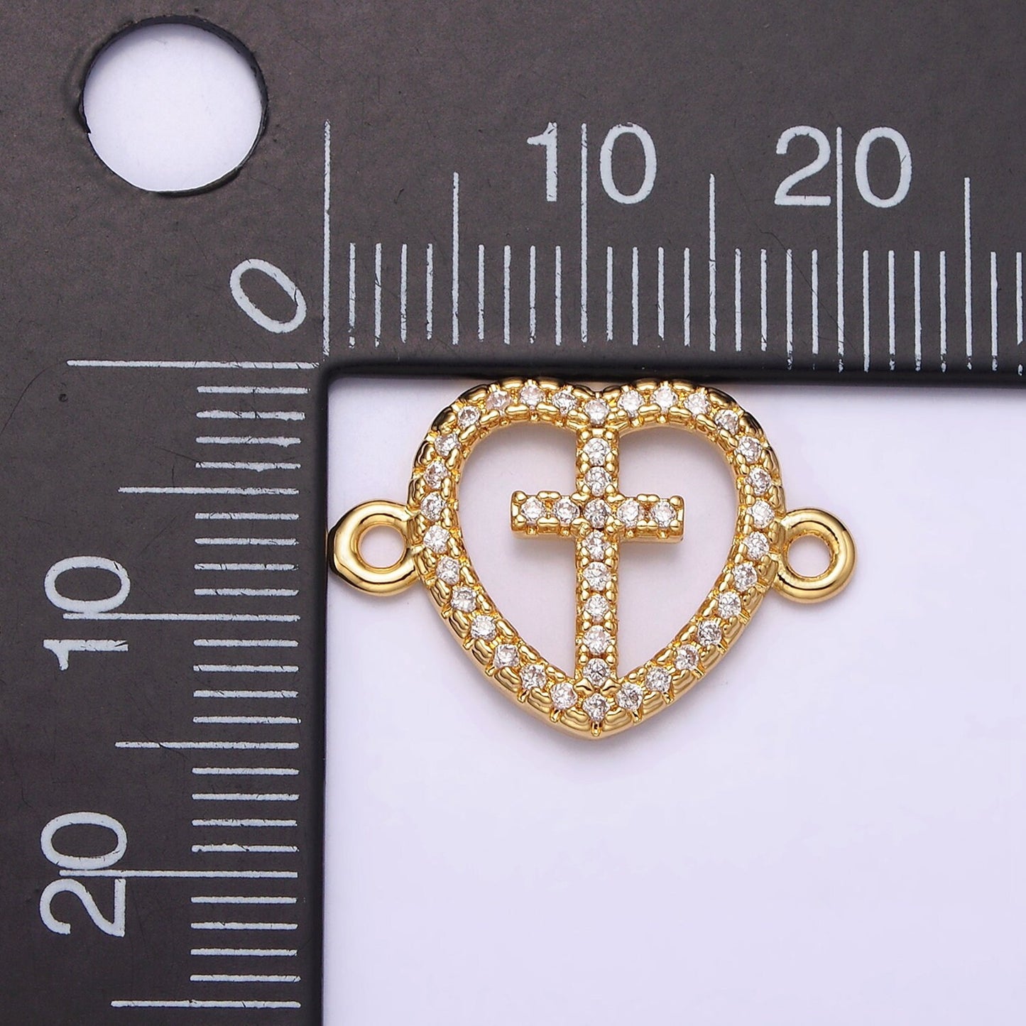 14K Gold Filled Cross Charm Connector Dainty Clear Micro Paved CZ Heart Link Connector for Bracelet Supply | G650