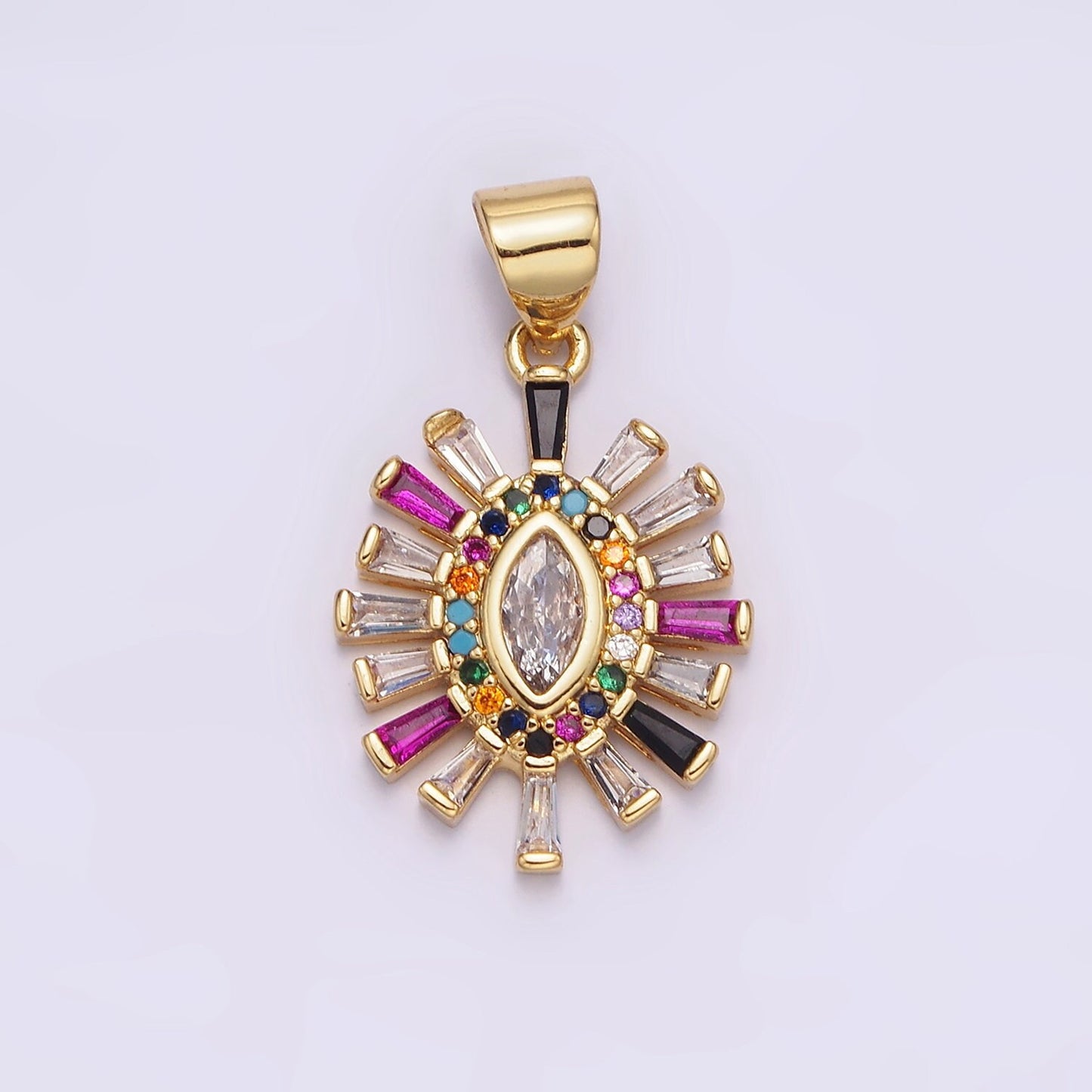 14K Gold Filled Clear Marquise Charm Rainbow Multicolor Micro Paved CZ Baguette Pendant Sunburst Bohemian Jewelry | AA612