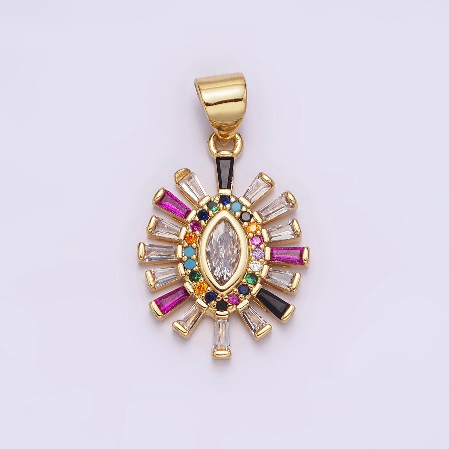14K Gold Filled Clear Marquise Charm Rainbow Multicolor Micro Paved CZ Baguette Pendant Sunburst Bohemian Jewelry | AA612