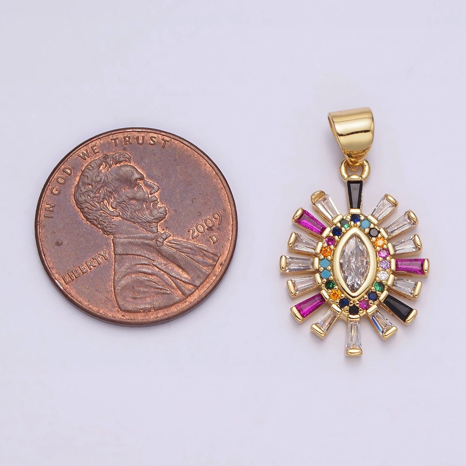 14K Gold Filled Clear Marquise Charm Rainbow Multicolor Micro Paved CZ Baguette Pendant Sunburst Bohemian Jewelry | AA612