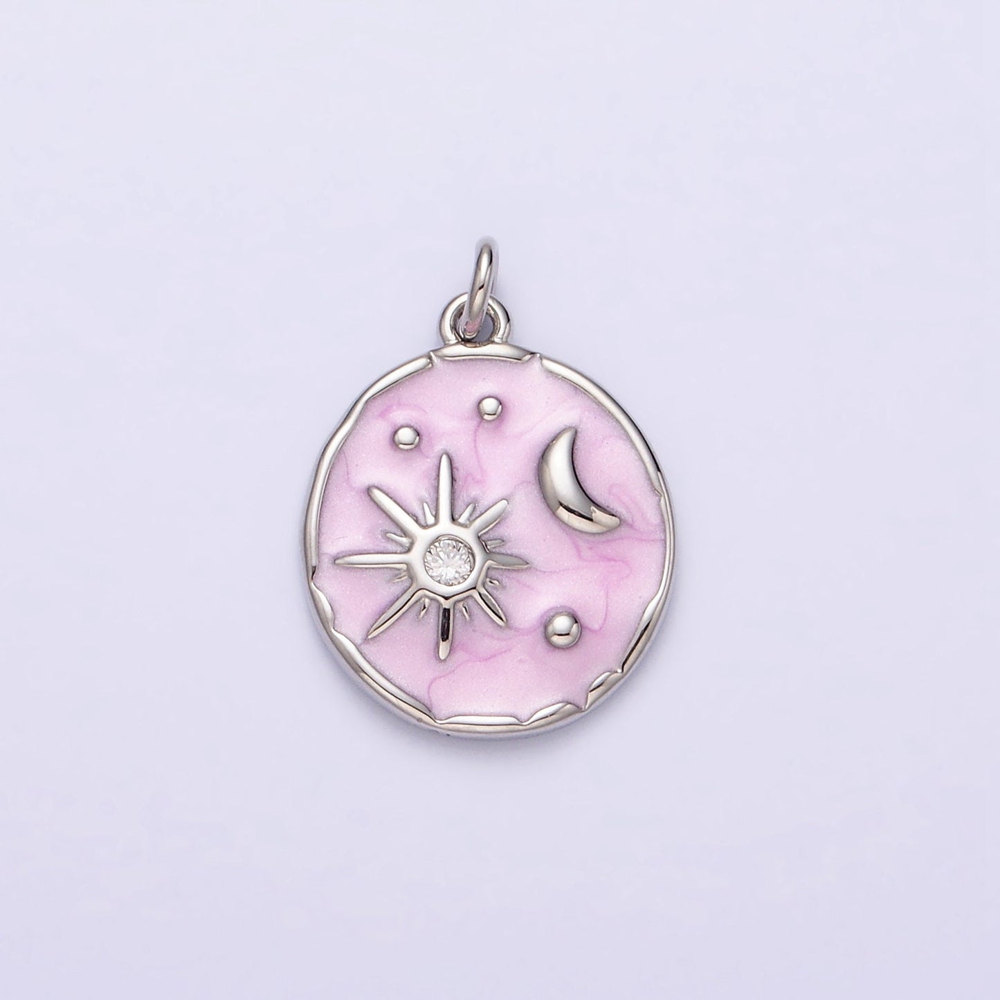 16K Gold Filled Celestial Sun Star Crescent Moon White, Blue, Pink Sparkly Enamel Round Stamped Charm in Gold & Silver | AC1356 - AC1361