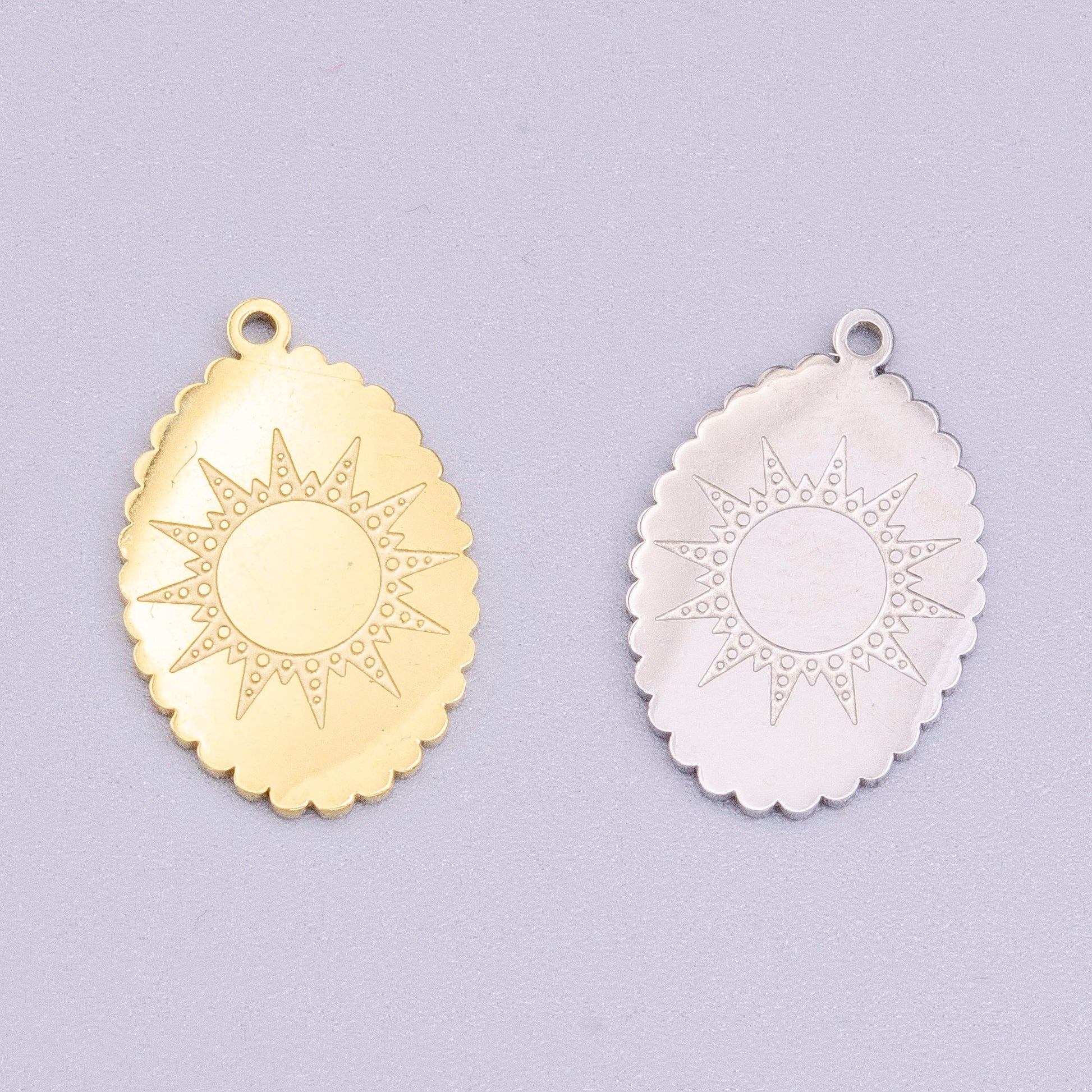 Stainless Steel Celestial Sun Engraved Rounded Oval Charm in Gold & Silver | P-914