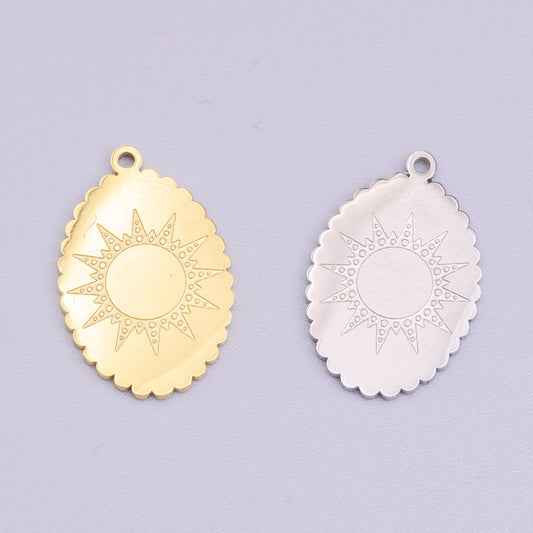 Stainless Steel Celestial Sun Engraved Rounded Oval Charm in Gold & Silver | P-914