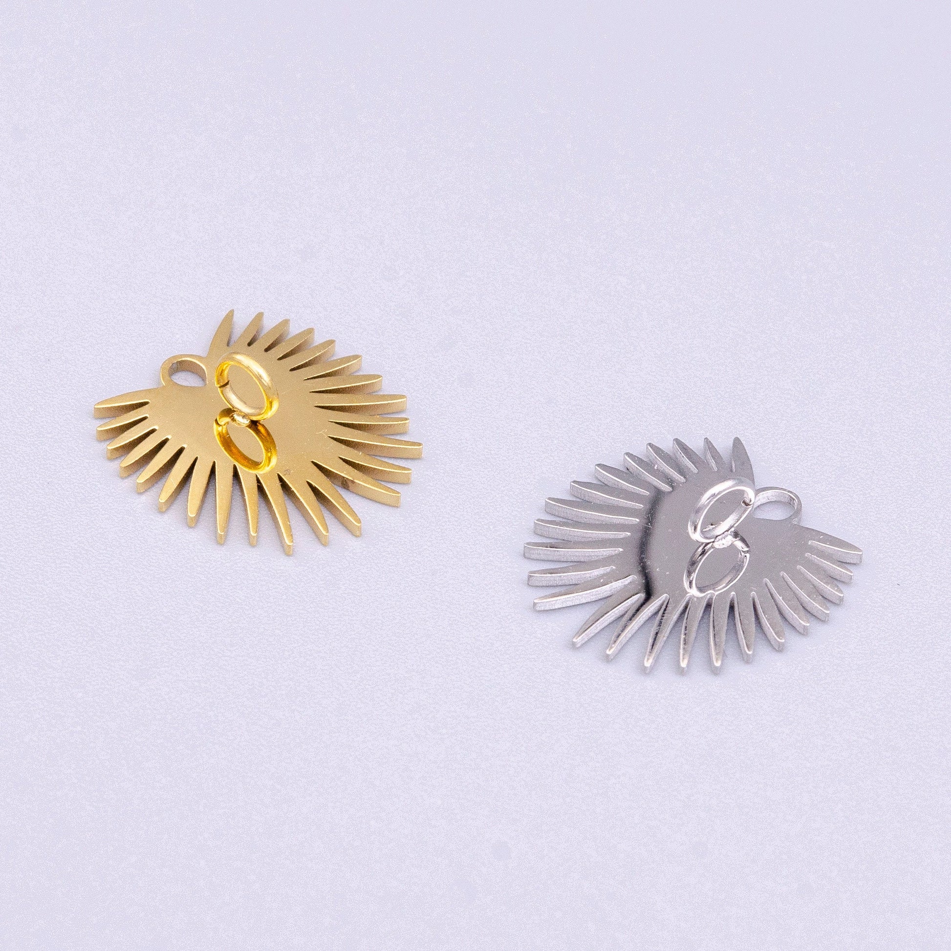 Stainless Steel Sunburst Line Engraved Sacred Heart Double Loop Charm in Gold & Silver | P-915