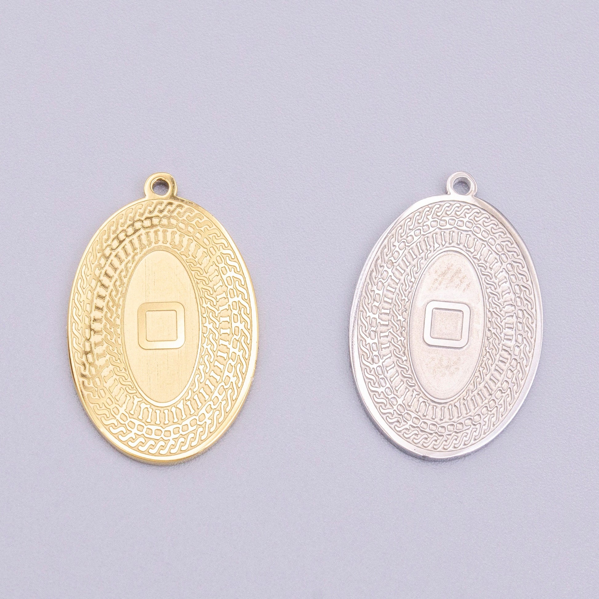 Stainless Steel 19.5mm Geometric Engraved Box Oval Charm in Gold & Silver | P-919