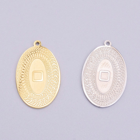 Stainless Steel 19.5mm Geometric Engraved Box Oval Charm in Gold & Silver | P-919