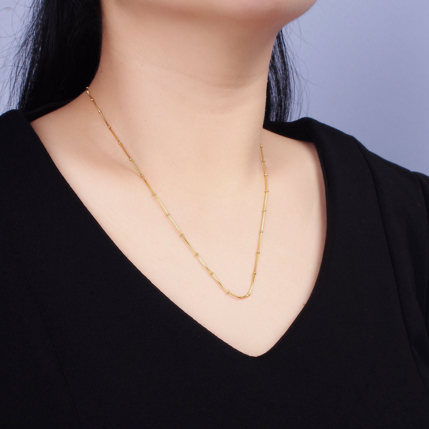 24K Gold Filled 0.8mm Dainty Satellite Beaded Box Chain 18 Inch Layering Necklace | WA-1926