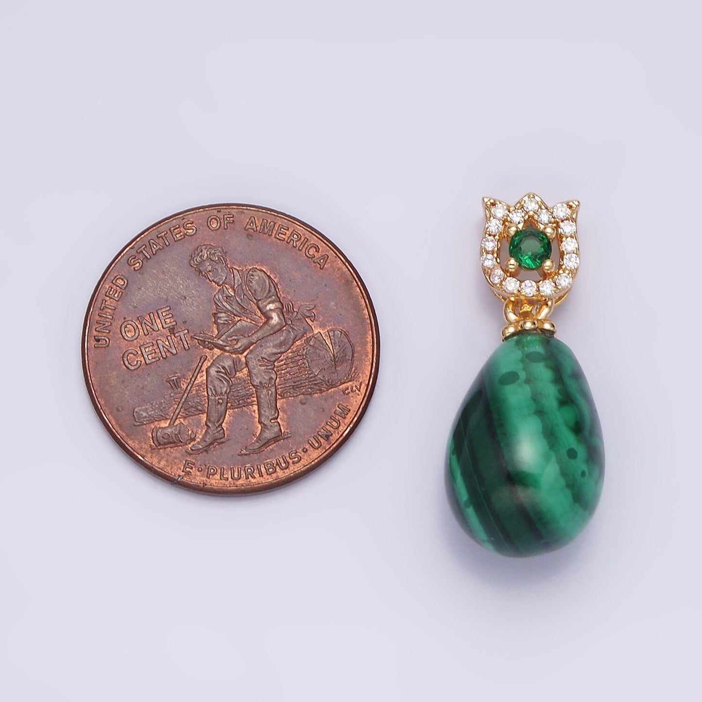 Green Malachite Tear Drop Cabochon Charm 16K Gold Filled Oval Pendant with Micro Pave Flower Bail AA615