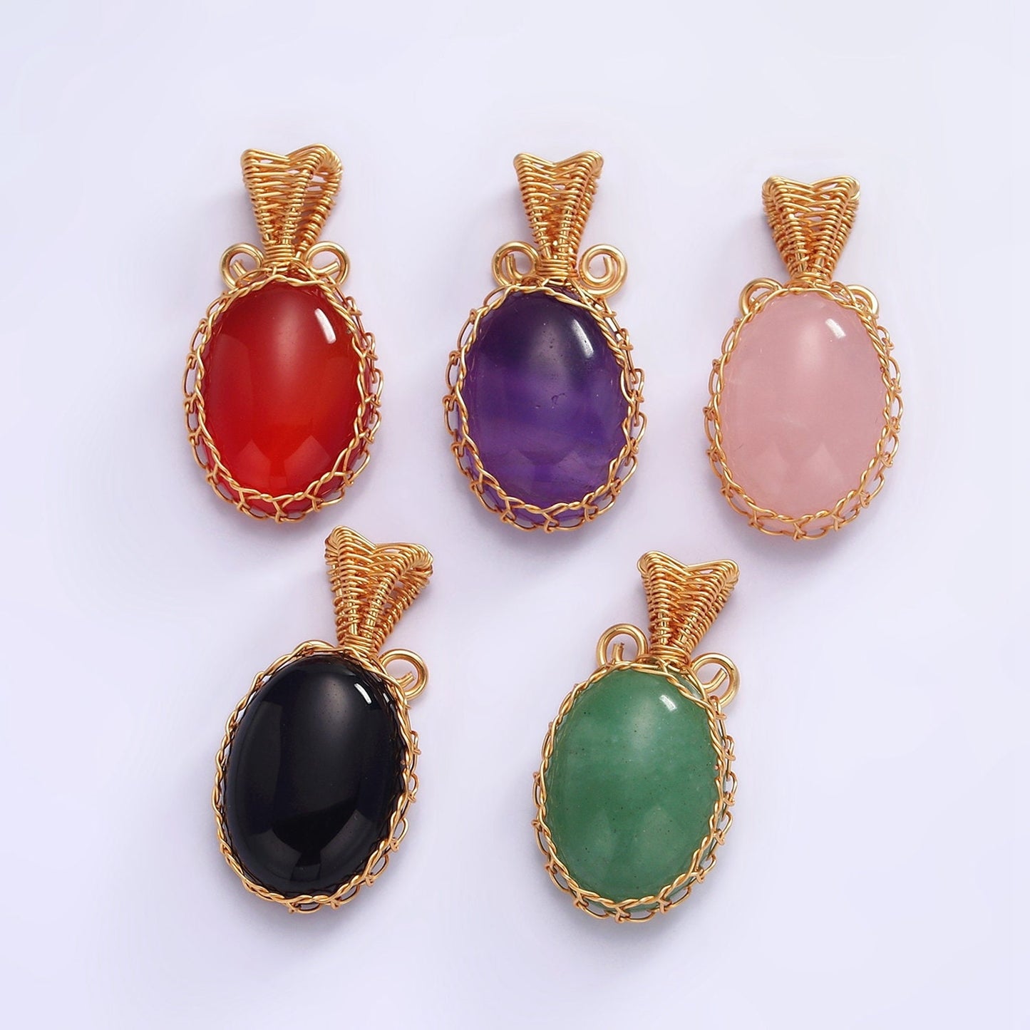 Handmade Crystal Wire Wrapped Necklaces Pendant Rose Quartz Amethyst Jade Onyx Healing Stone Oval Gemstone Necklaces Charm AA616