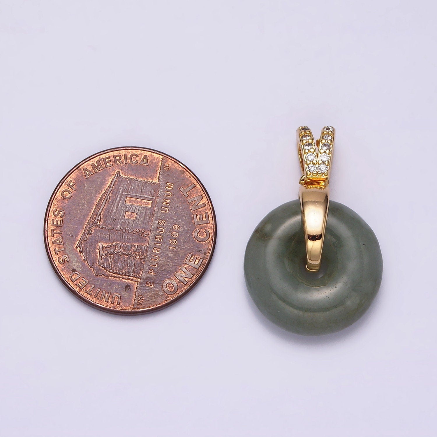 16K Gold Filled Natural Malaysian Green Jade Donut Double Micro Paved Band Bail Pendant | AA780