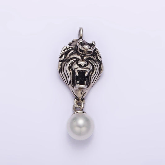 Dainty Lion King with Pearl Charm in 925 Sterling Silver Pendant SL-334