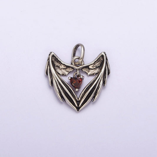 Dainty Angel Wing Heart Charm in 925 Sterling Silver Pendant with Red Cz Jewelry SL-319