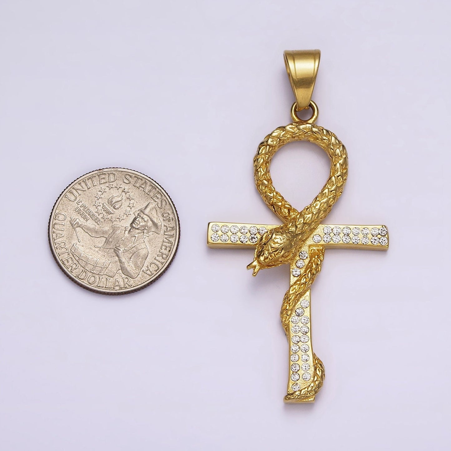 Stainless Steel Scaled Snake Serpent Ankh Egyptian Clear Micro Paved CZ Cross Pendant | J765