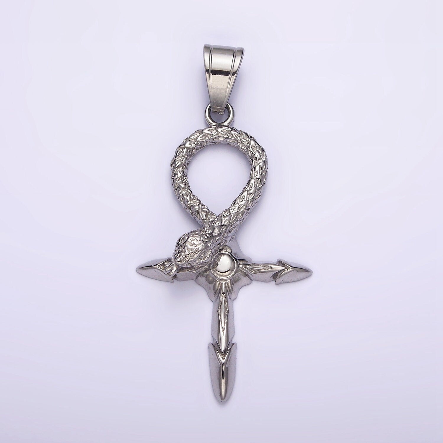 Stainless Steel Snake Serpent Sunburst Arrow Egyptian Ankh Cross Pendant | J746