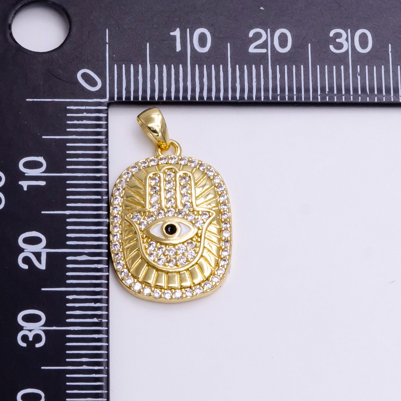 14K Gold Filled White, Blue, Red, Purple, Pink Enamel Evil Eye Micro Paved CZ Hamsa Hand Lined Pendant | AA557 - AA561